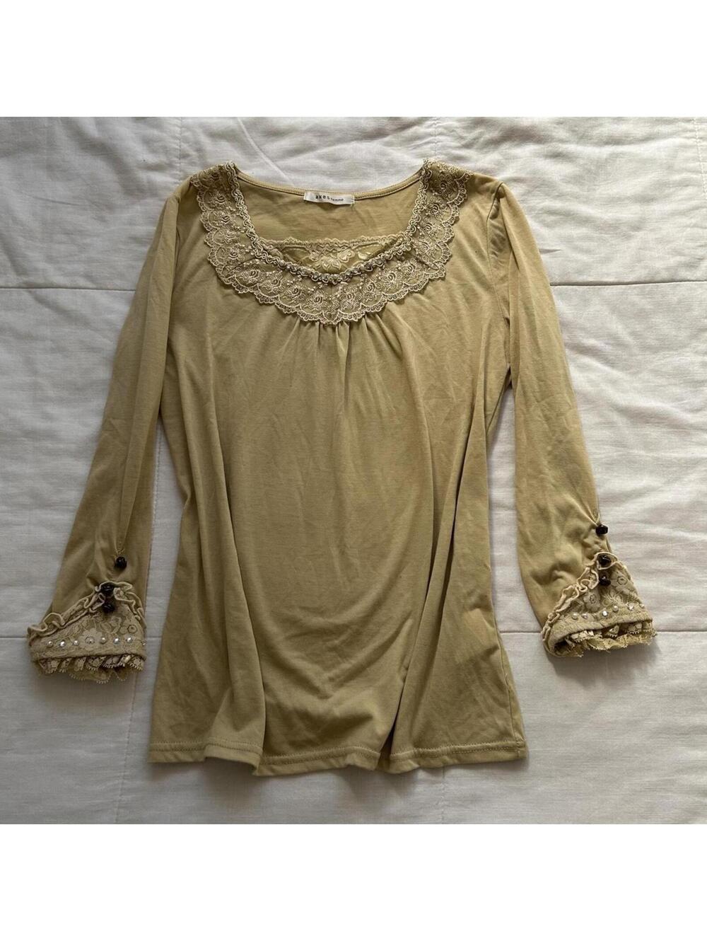 Axes Femme Mustard Yellow Lace Trim Knit Top Mori Kei Himekaji Size M
